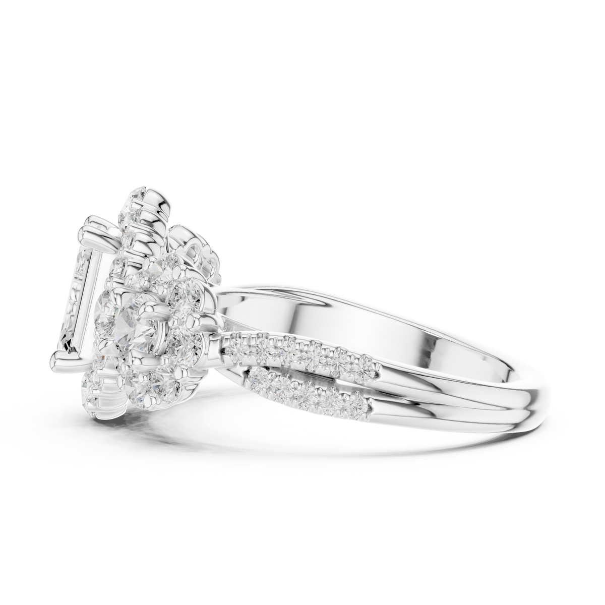 Emerald Cut Lab-Grown Diamond Floral Halo Wedding Ring, White Gold
