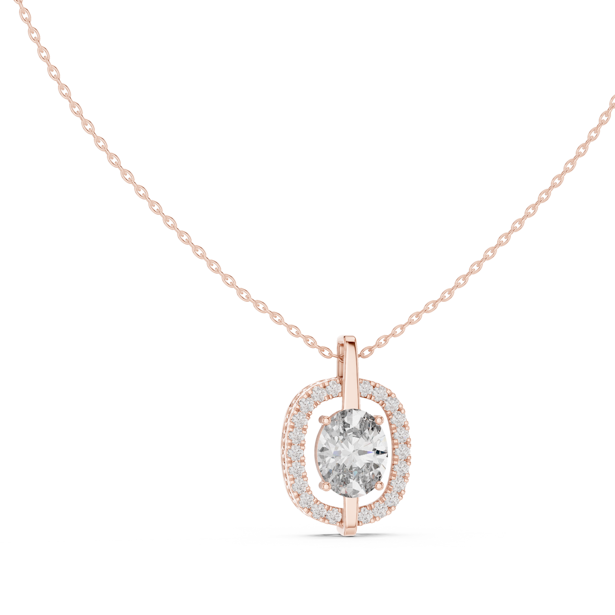 2 Carat Oval Halo Lab Grown Diamond Solitaire Pendant, Rose Gold