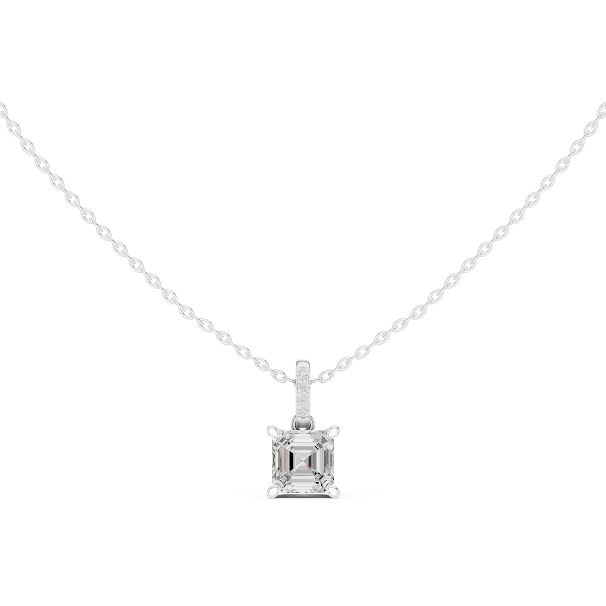 Asscher Cut Lab Grown Diamond Solitaire Pendant with Diamond Bail Necklace, White Gold