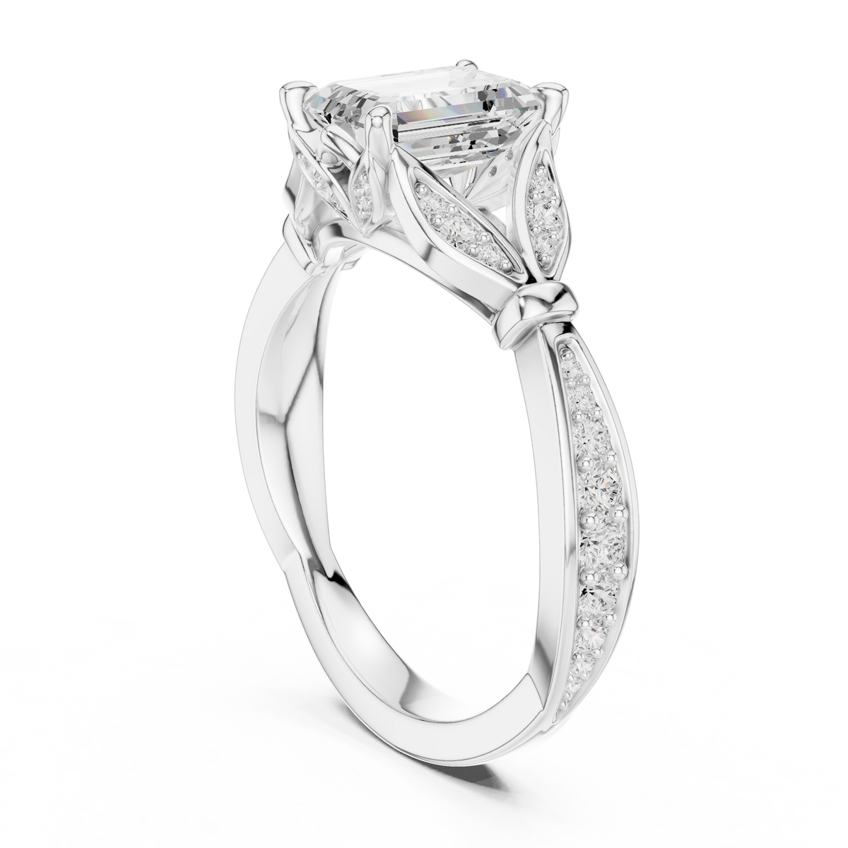 1.50 CT Emerald Cut Lab-Grown Diamond Leaf Twist Ring, White Gold