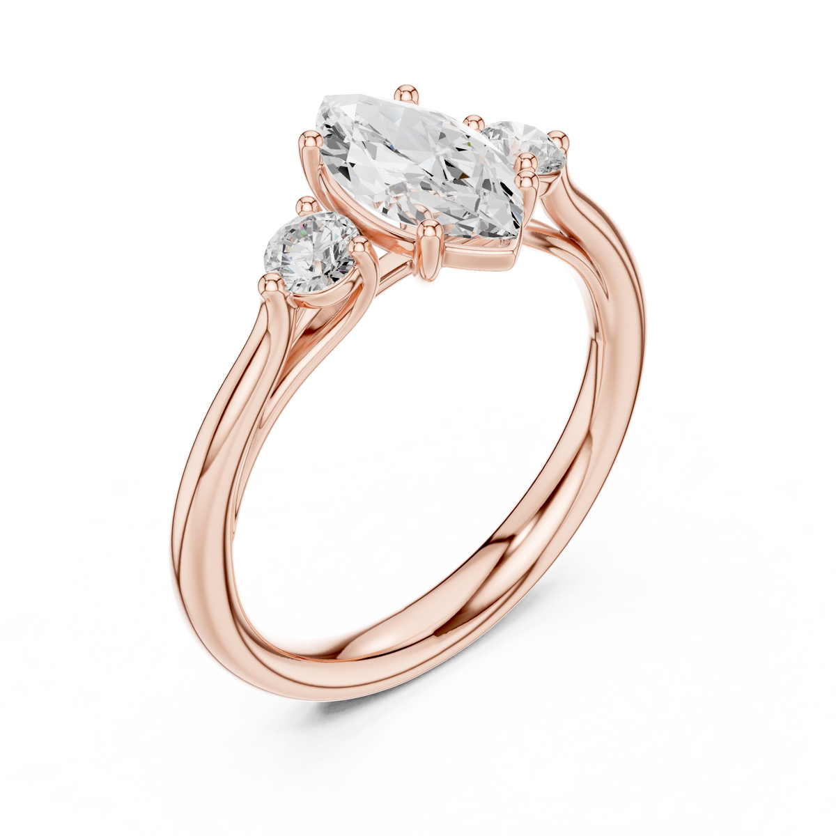 Marquise Cut Lab Grown Diamond Three Stone Ring with Round Side Stones, Rose Gold