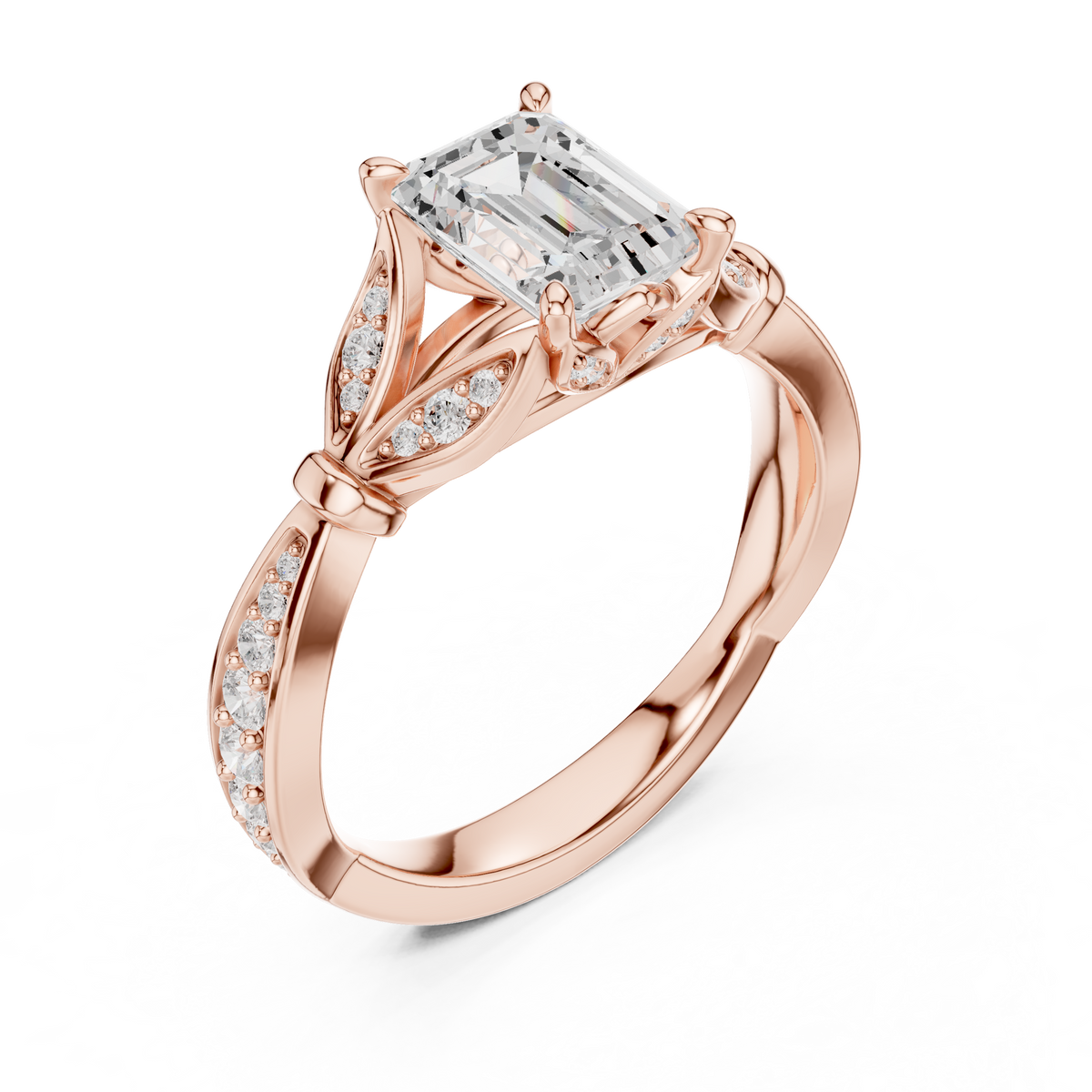 1.50 CT Emerald Cut Lab-Grown Diamond Leaf Twist Ring, Rose Gold