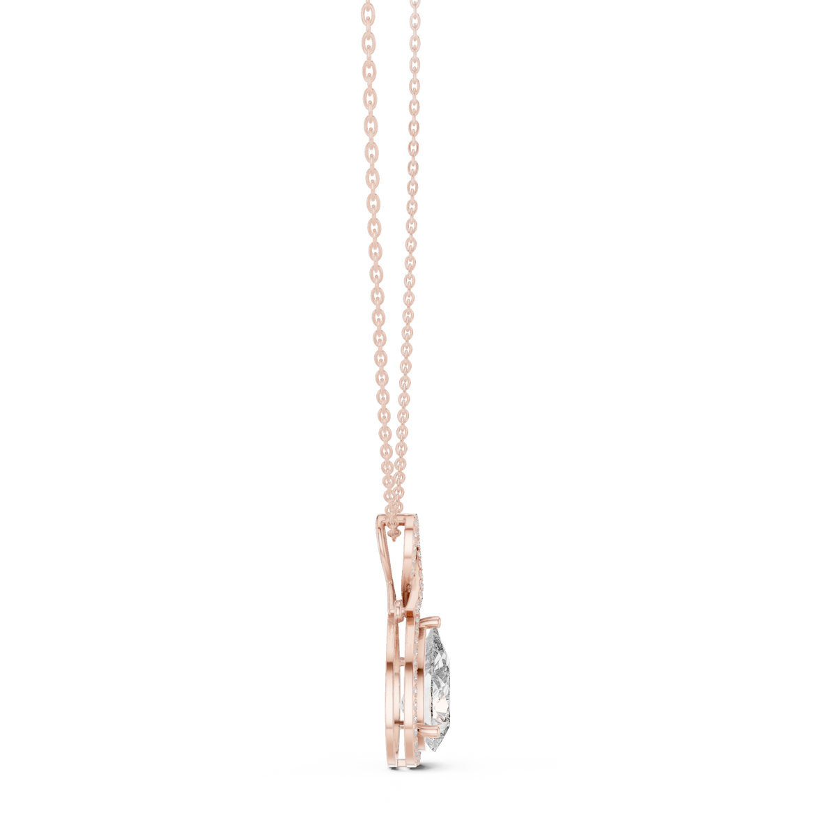 4 Carat Pear Lab Grown Diamond Halo Pendant, Rose Gold