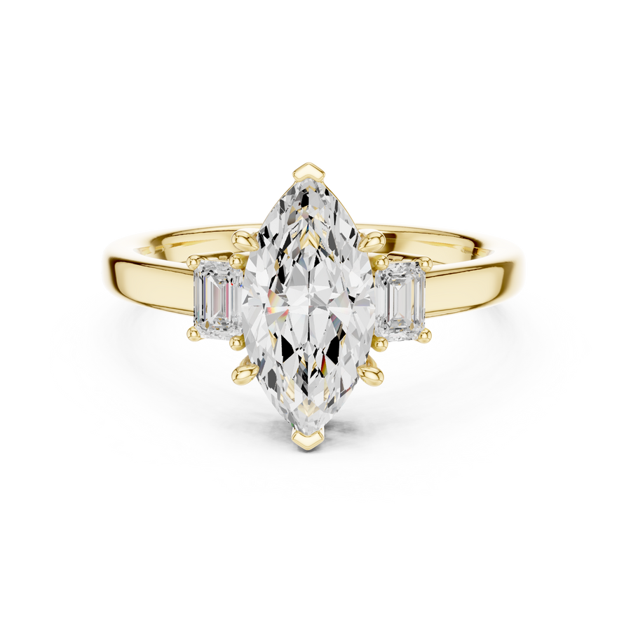 IGI Certified Marquise Cut Lab Grown Diamond Three Stone Ring for Milestone Celebrations, Yellow Gold