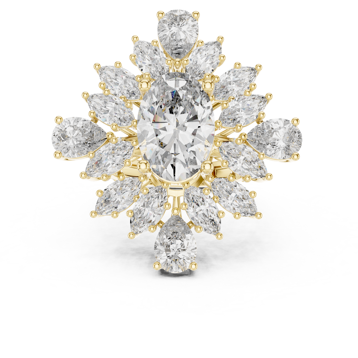 4 CT Oval Cut Floral Cluster Diamond Ring with Marquise & Pear Side Stones, Yellow Gold