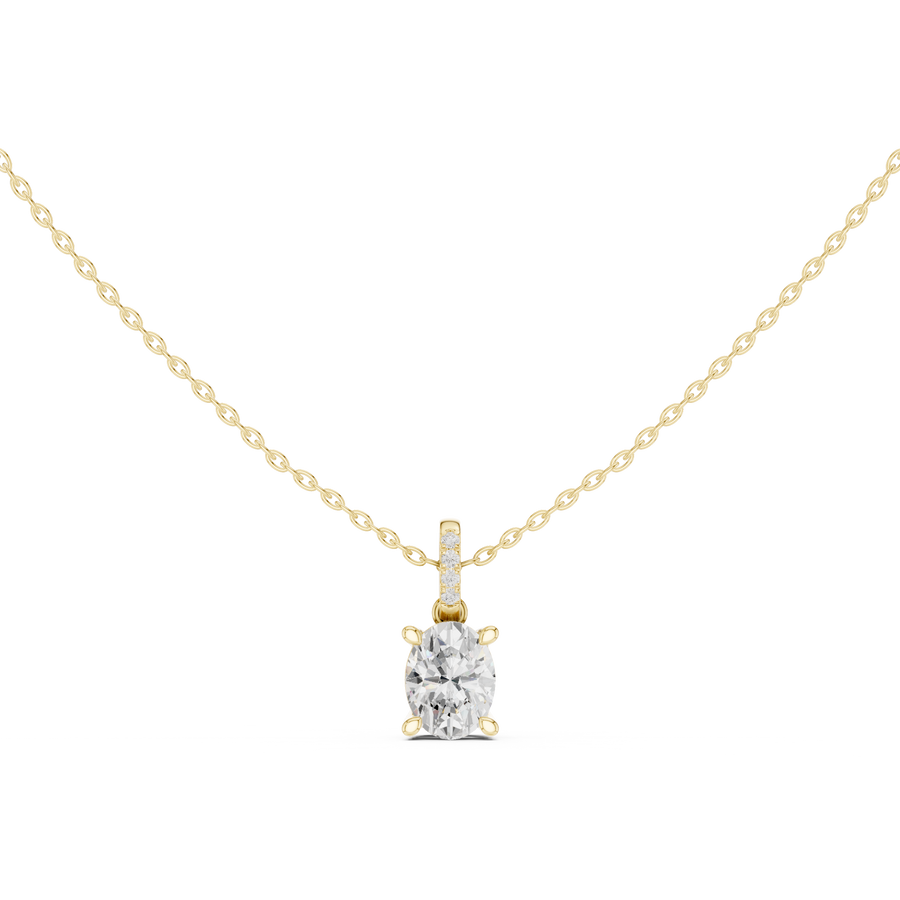 Oval Cut Lab Grown Diamond Solitaire Pendant with Diamond Bail Necklace, Yellow Gold