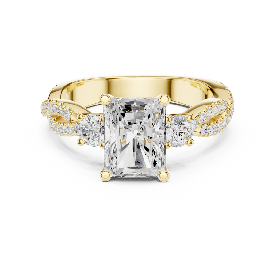 Radiant Cut Lab-Grown Diamond 3 Stone Proposal Ring with Twisted Pavé Band, Yellow Gold