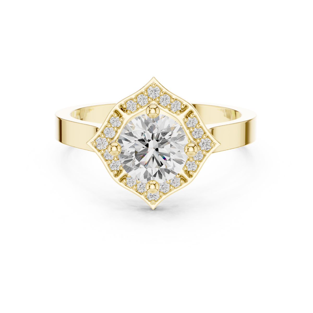 IGI Certified 0.86 Carat Round Cut Lab Grown Diamond Geometric Halo Ring, Yellow Gold