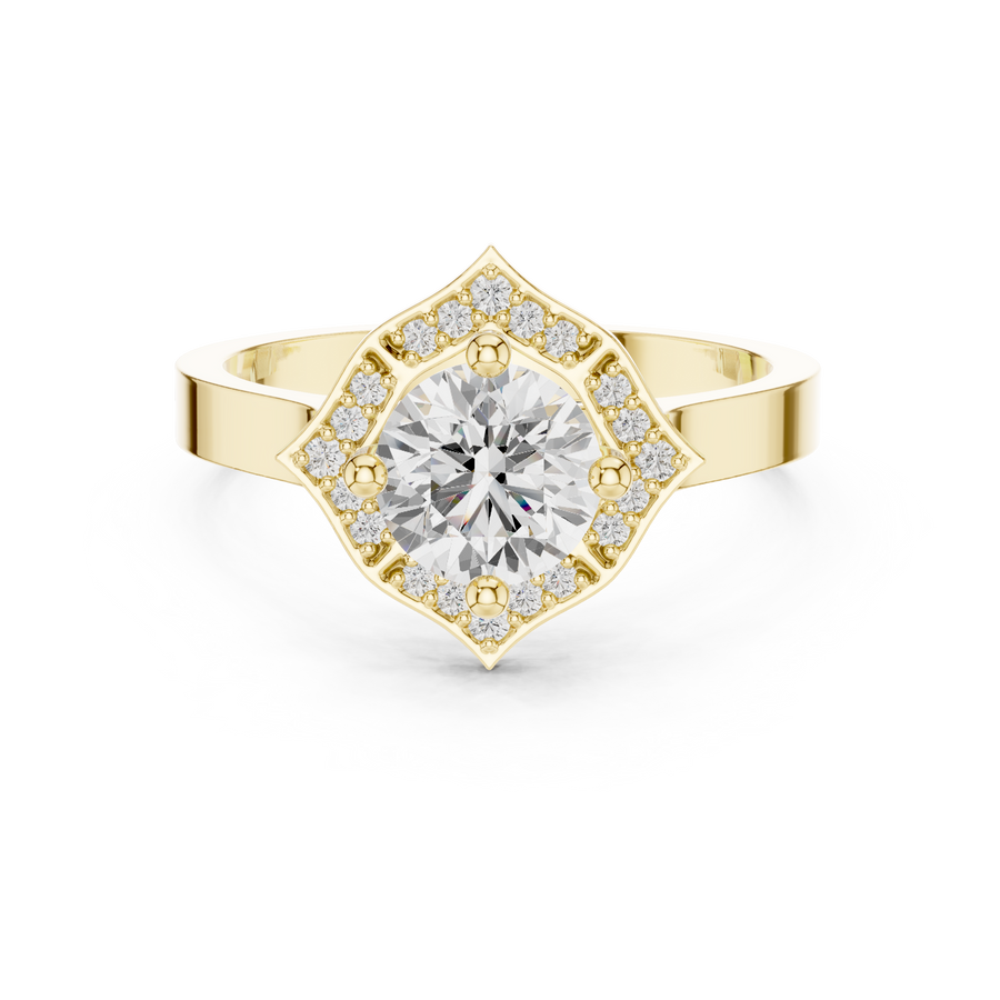 IGI Certified 0.86 Carat Round Cut Lab Grown Diamond Geometric Halo Ring, Yellow Gold