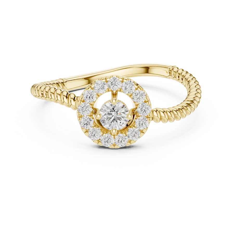 Round Cut Lab Grown Diamond Halo Ring with Twisted Pavé Band, Yellow Gold