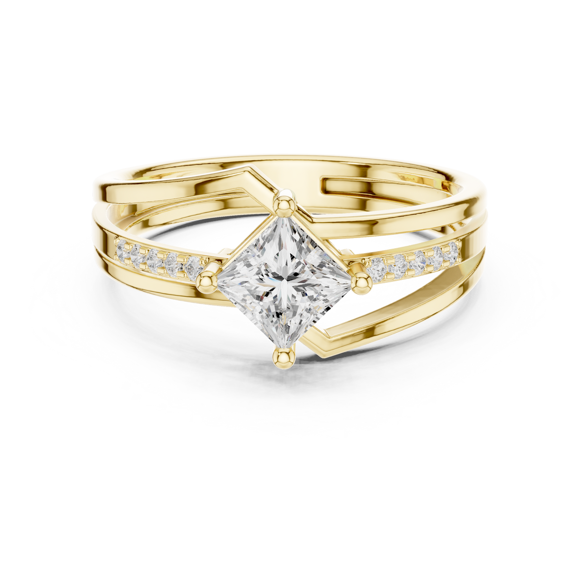 Princess Cut Lab Grown Diamond Solitaire Ring with Round Diamond Accents, Yellow Gold