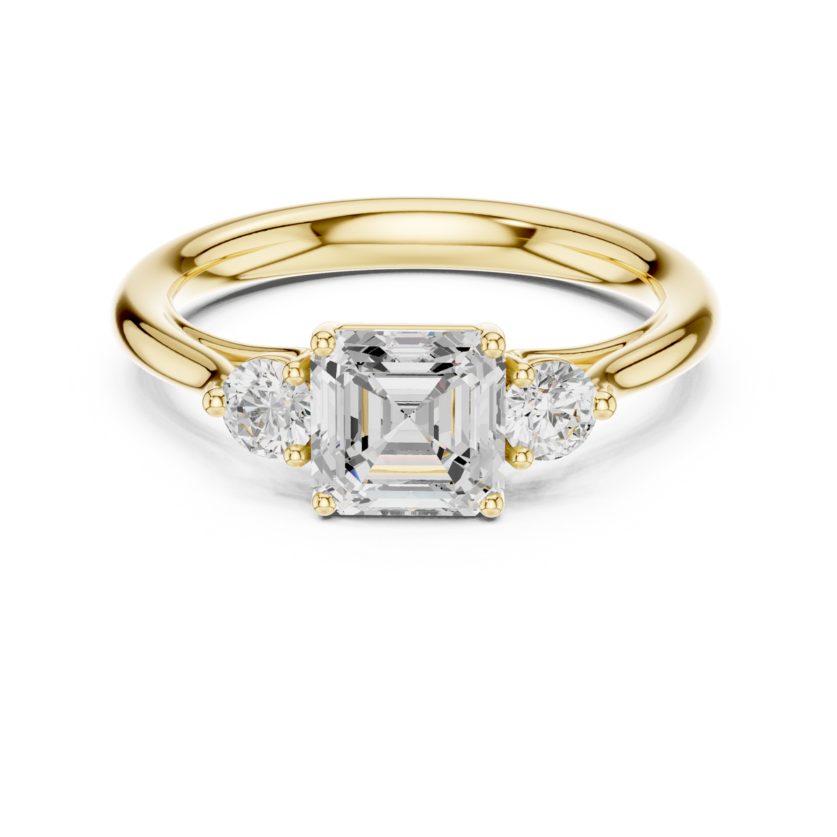 IGI Certified Asscher Cut Lab Grown Diamond Three Stone Ring, Yellow Gold