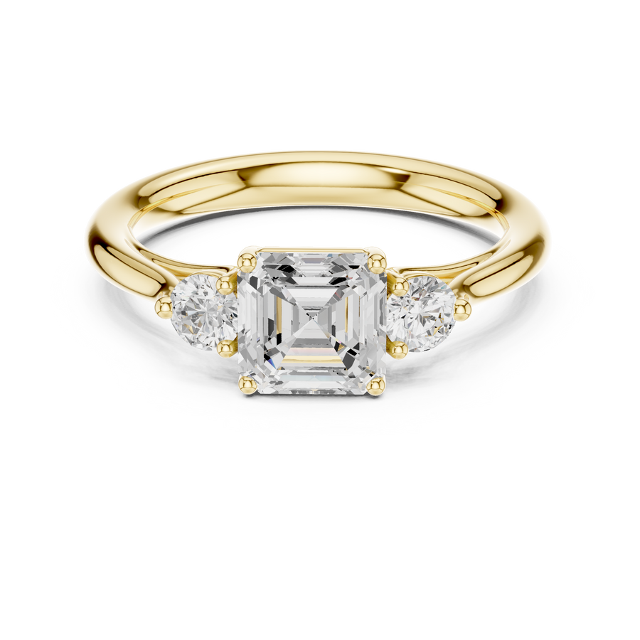 IGI Certified Asscher Cut Lab Grown Diamond Three Stone Ring, Yellow Gold