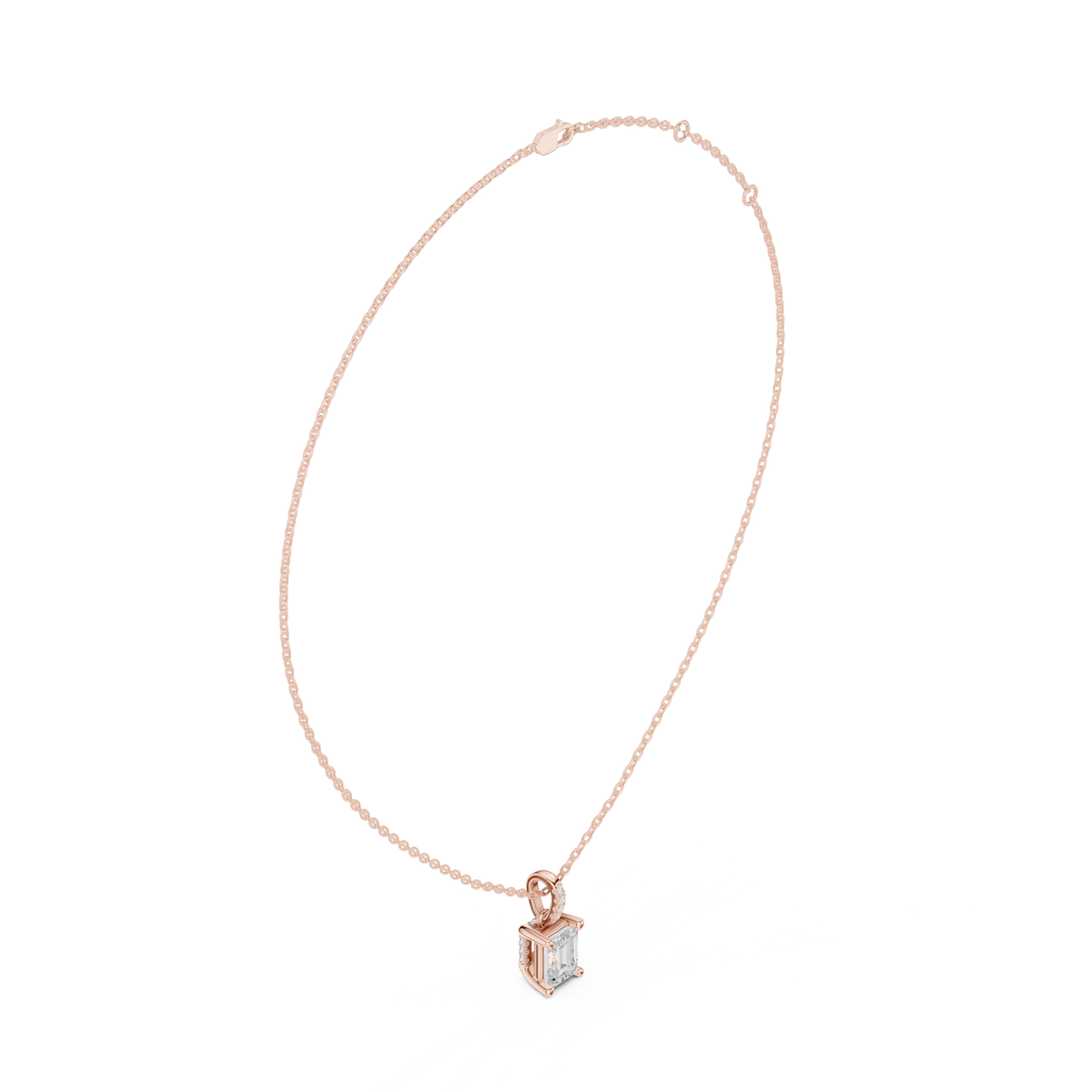 Emerald Cut Lab Grown Diamond Solitaire Pendant with Diamond Bail Necklace, Rose Gold