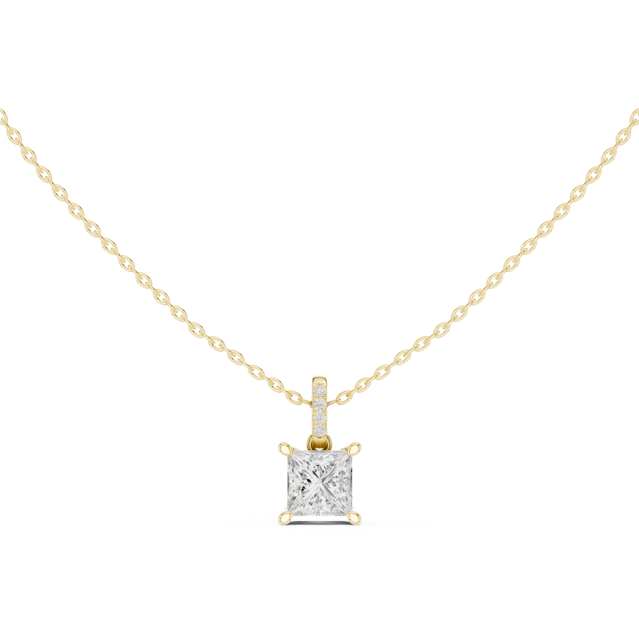 Princess Cut Lab Grown Diamond Solitaire Pendant with Diamond Bail Necklace, Yellow Gold