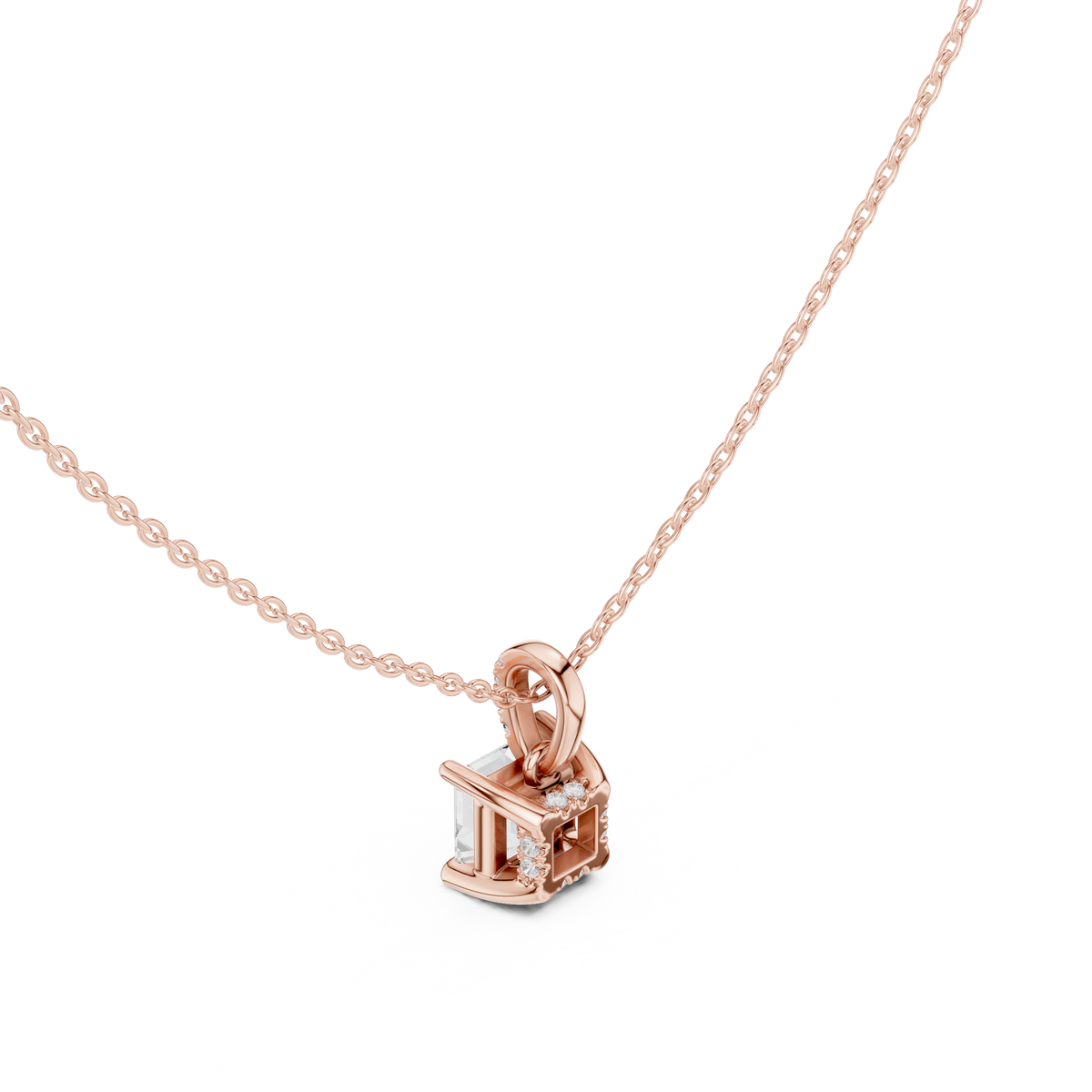 Asscher Cut Lab Grown Diamond Solitaire Pendant with Diamond Bail Necklace, Rose Gold