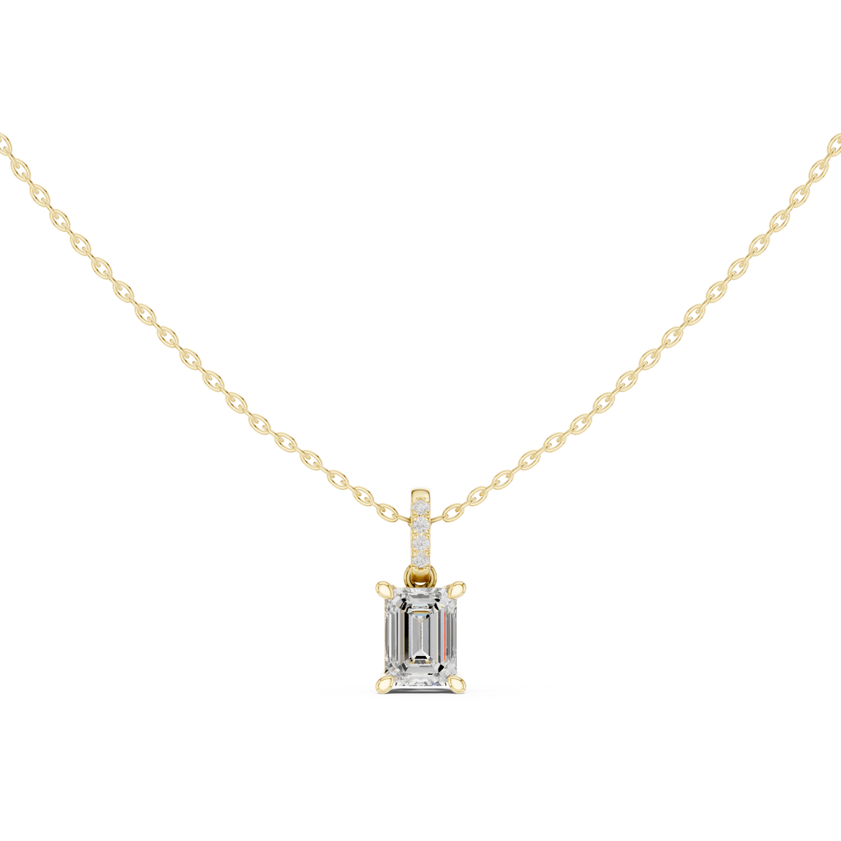 Emerald Cut Lab Grown Diamond Solitaire Pendant with Diamond Bail Necklace, Yellow Gold