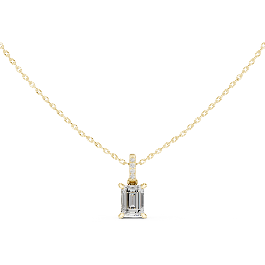 Emerald Cut Lab Grown Diamond Solitaire Pendant with Diamond Bail Necklace, Yellow Gold