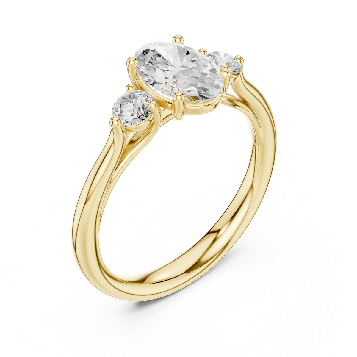 Oval Cut Lab Grown Diamond Three Stone Ring with Round Side Stones, Yellow Gold