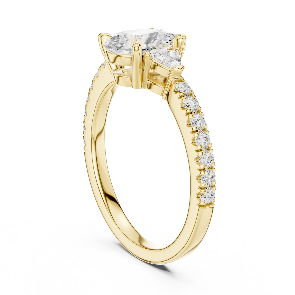 1.5 CT Pear Cut Lab Grown Diamond Three Stone Ring, Yellow Gold