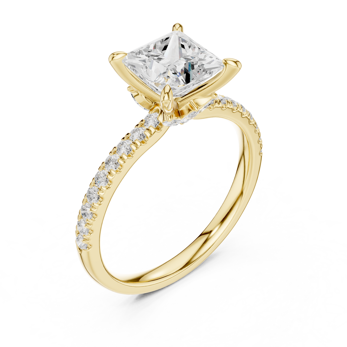 Princess Cut Lab-Grown Diamond Anniversary Ring with Hidden Halo and Pavé Band, Yellow Gold