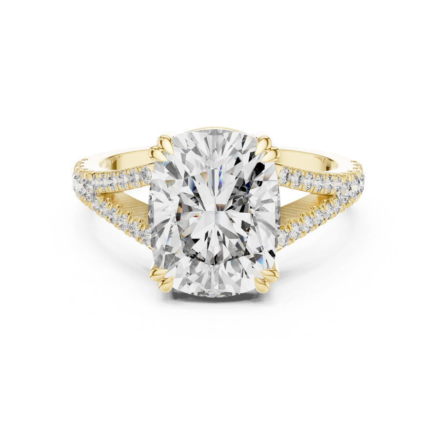 5 Carat Cushion Cut Lab Grown Diamond Ring with Pavé Split Shank, Yellow Gold