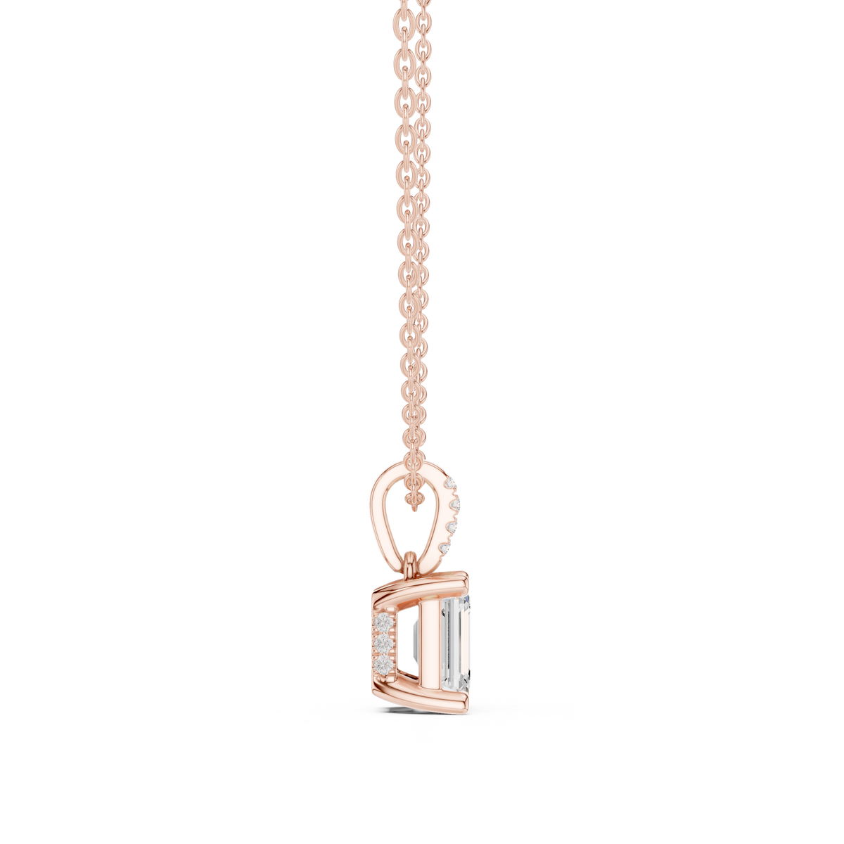 Emerald Cut Lab Grown Diamond Solitaire Pendant with Diamond Bail Necklace, Rose Gold