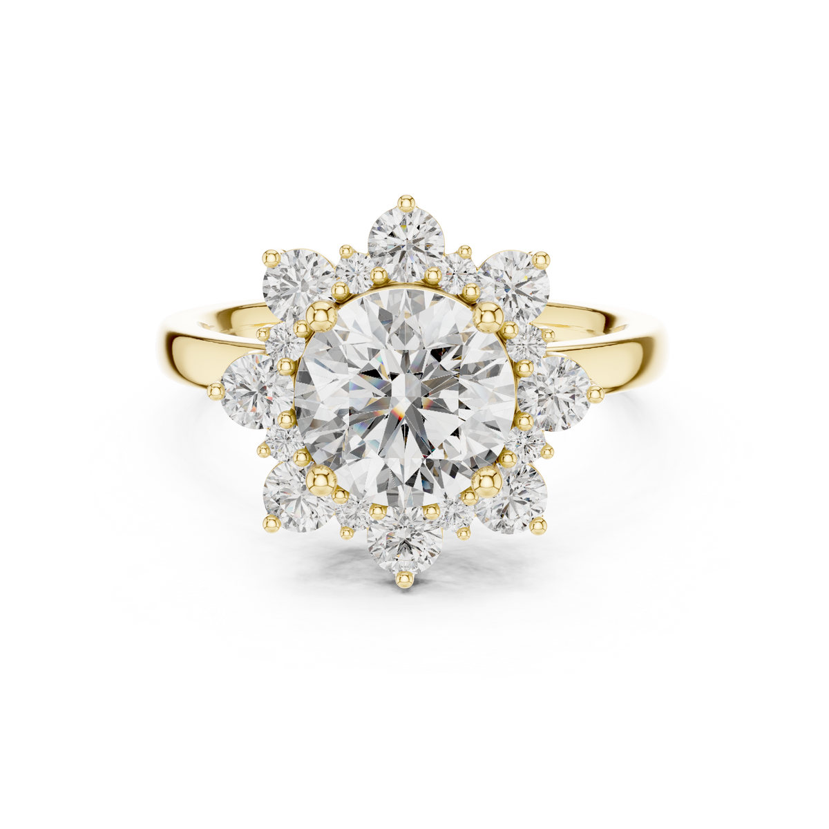 Round Cut Lab Grown Diamond Floral Halo Ring with Diamond Accents, Yellow Gold