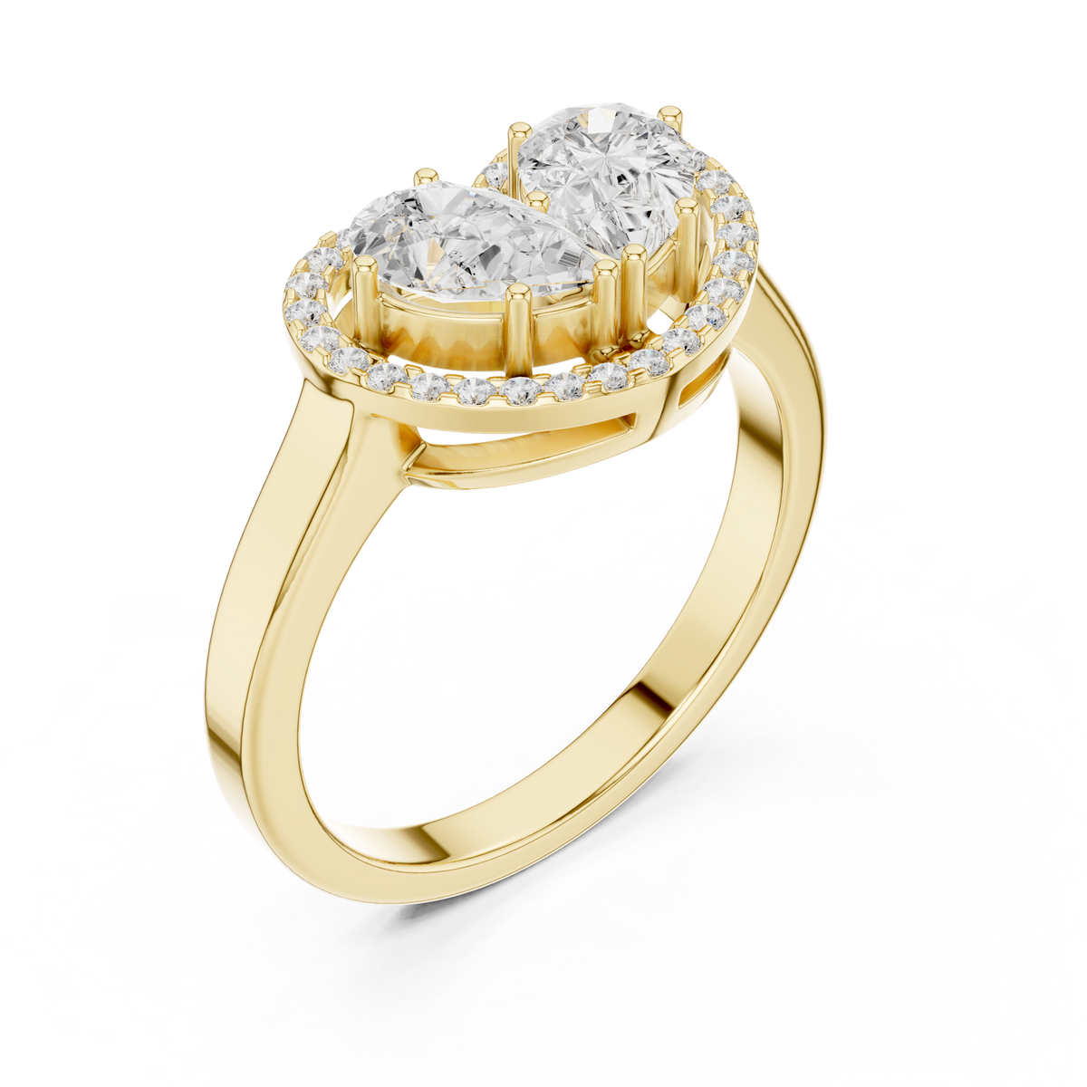 Pear Cut Toi et Moi Heart Halo Lab Grown Diamond Ring, Yellow Gold