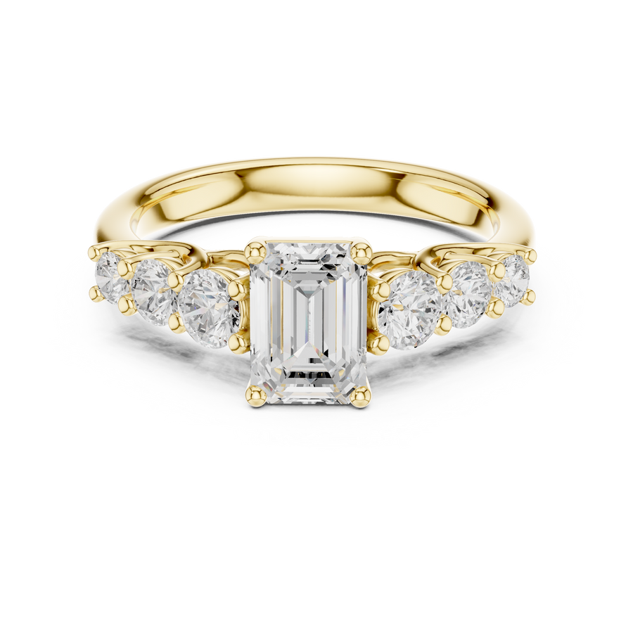 Emerald Cut Lab Grown Diamond Ring with 6 Round Stones, Yellow Gold