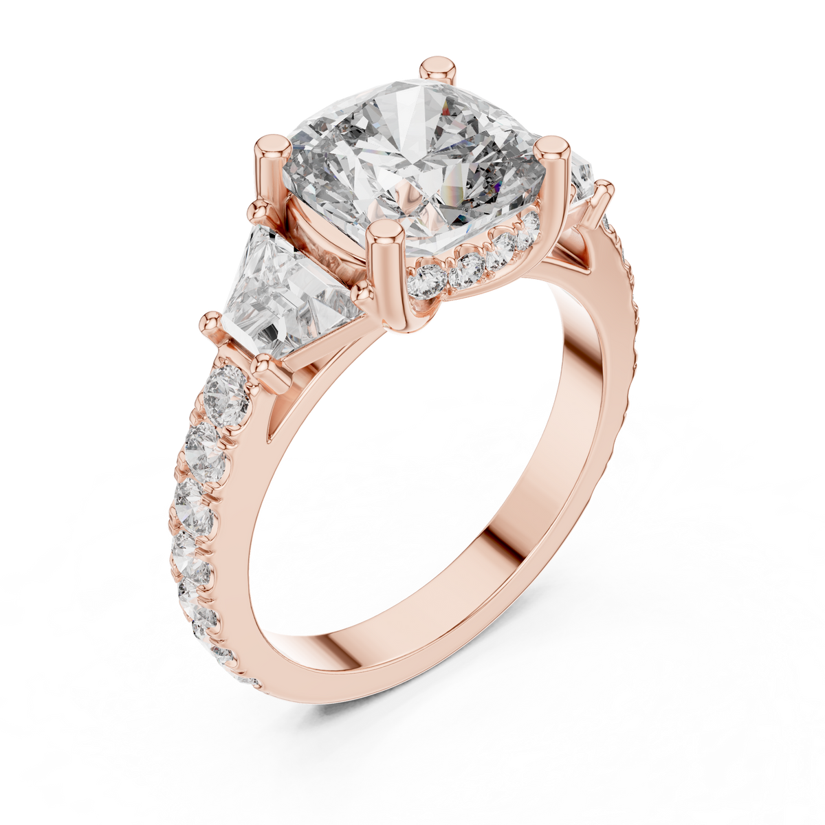 Cushion Cut Lab Grown Diamond Halo Engagement Ring with Pavé Double Band, Rose Gold