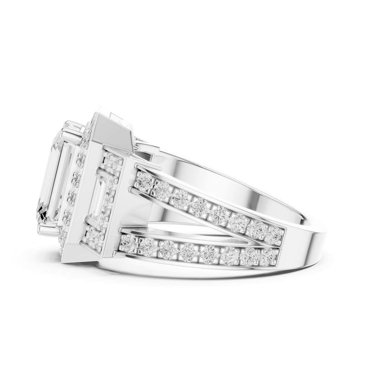 2.50 CT Emerald Cut Lab-Grown Diamond 3 Stone Ring with Baguette & Pavé Accents, White Gold