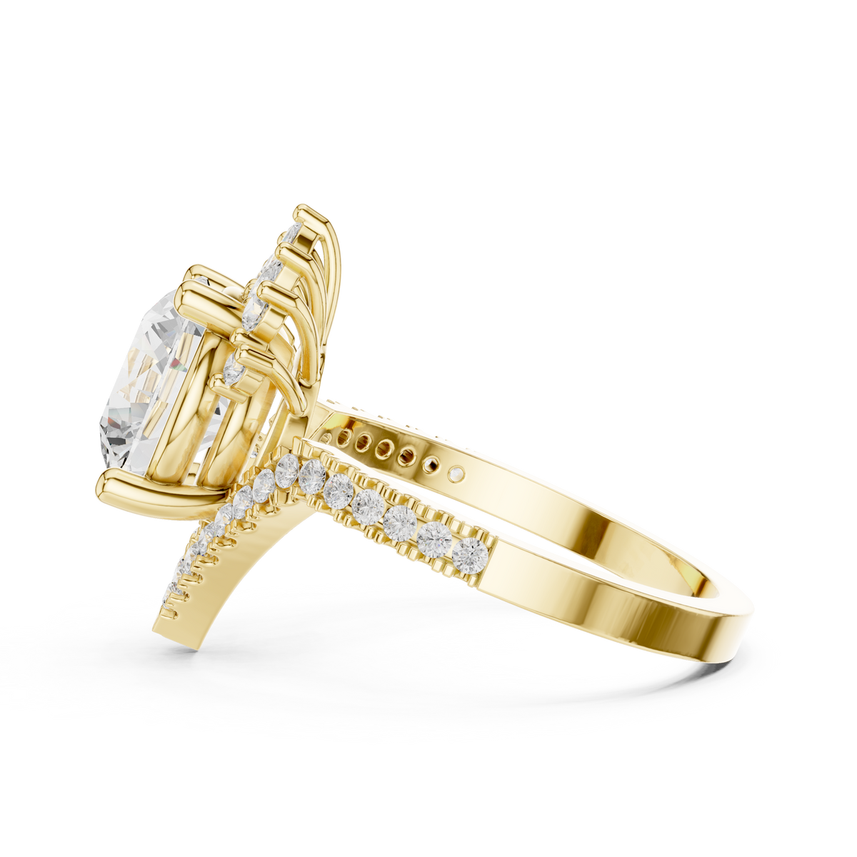 2.10 CT Round Marquise Halo Lab Grown Diamond Ring with Oval Accent, Yellow Gold