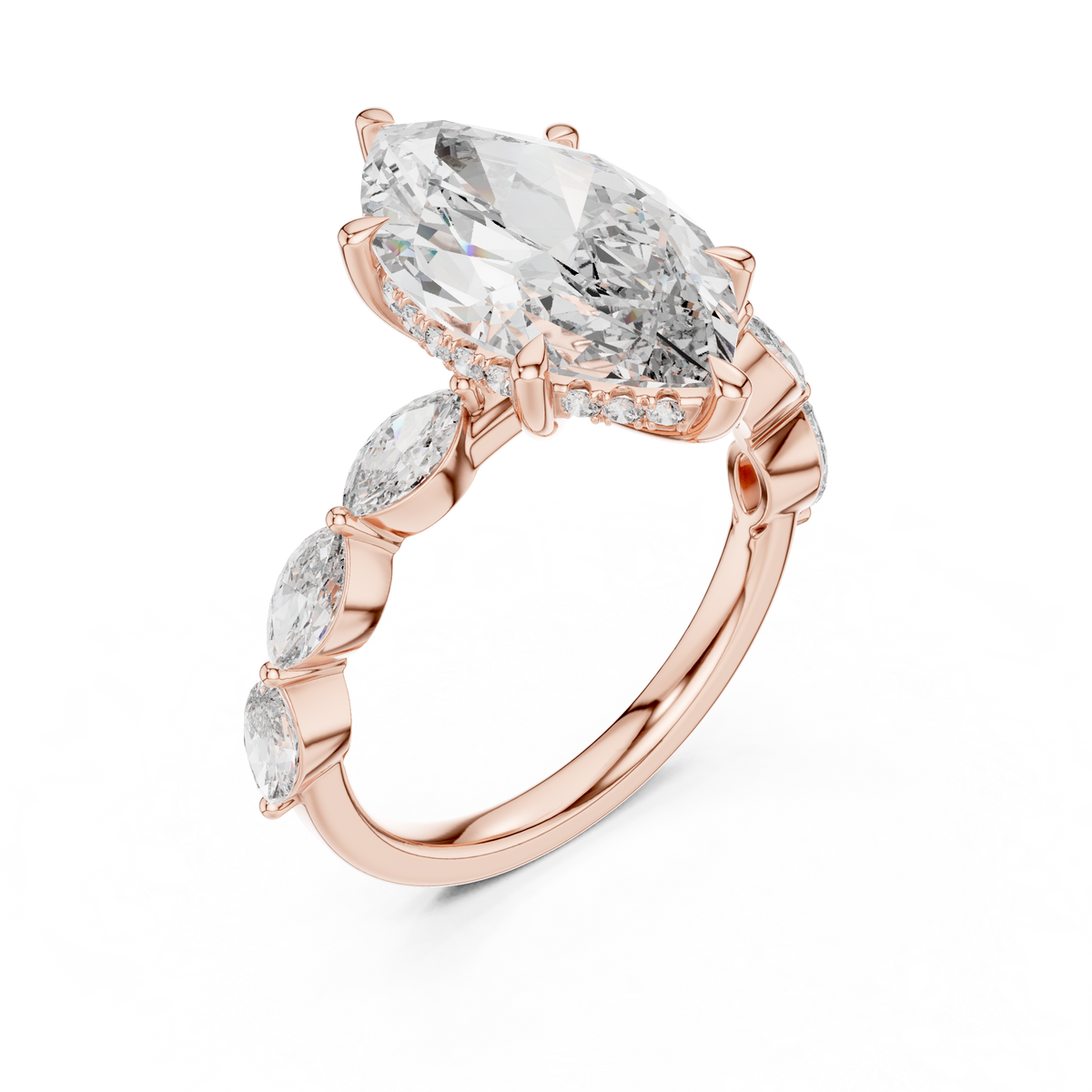Marquise Cut Lab Grown Diamond Ring with Marquise Side Stones, Rose Gold
