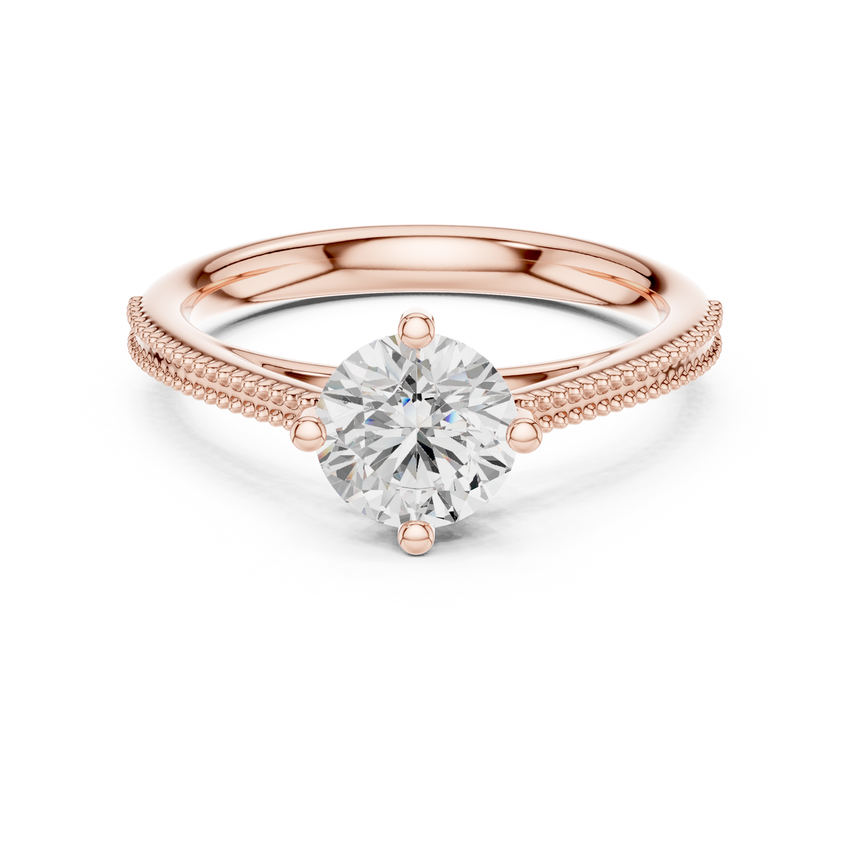 Beaded Band Solitaire Round Lab Grown Diamond Ring, Rose Gold