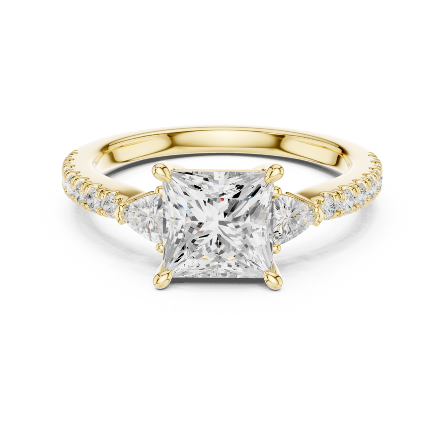IGI Certified Princess Cut Lab Grown Diamond Three Stone Anniversary Ring, Yellow Gold