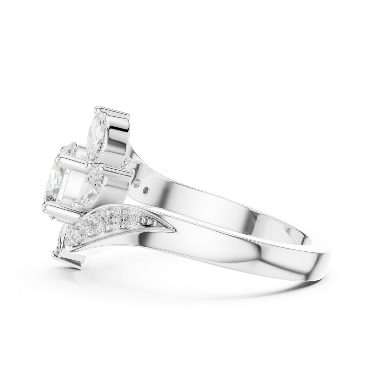 1.00 CT Round Cut Lab Grown Diamond Ring with Marquise Floral Halo & Pavé Band, White Gold