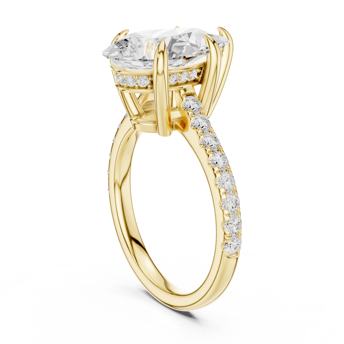 Pear Cut Lab-Grown Diamond Proposal Ring with Hidden Halo and Pavé Band, Yellow Gold