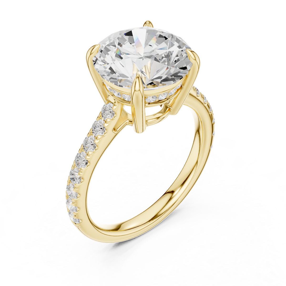 Round Cut Lab-Grown Diamond Proposal Ring with Hidden Halo and Pavé Band, Yellow Gold