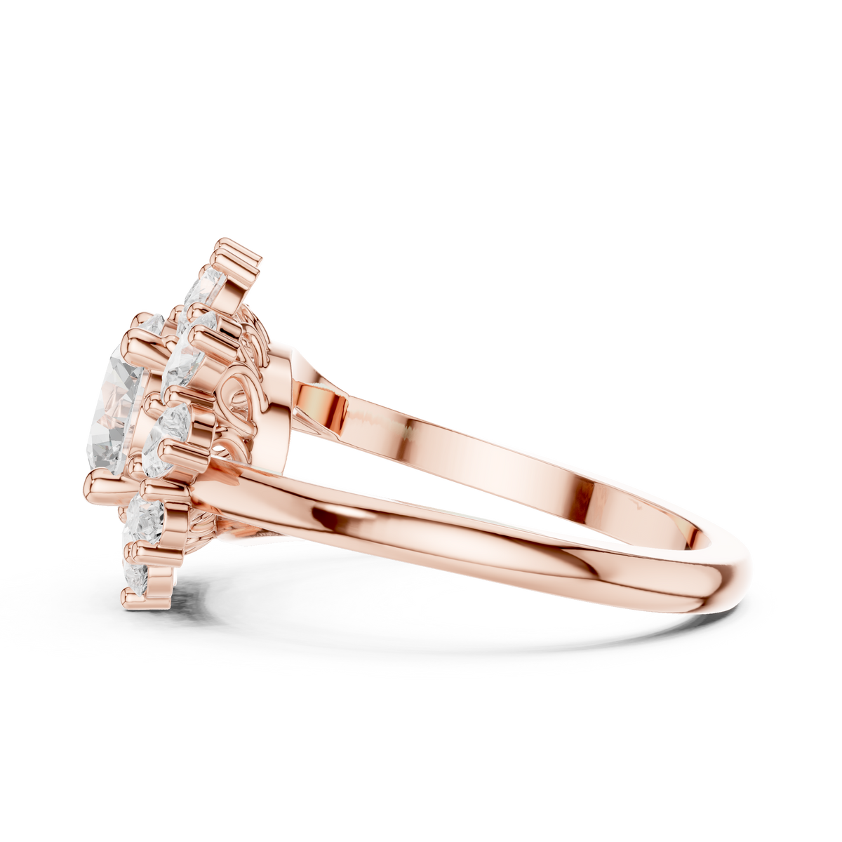 1.50 CT Round Floral Halo Ring with Pear-Shaped Accents, Rose Gold