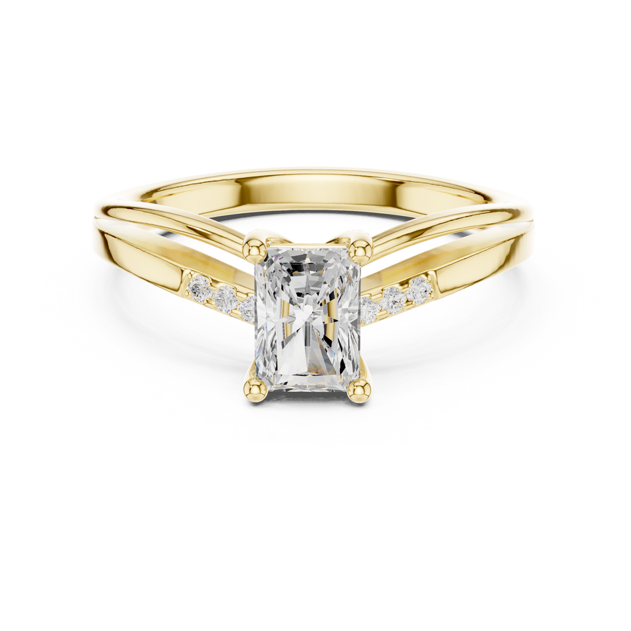 IGI Certified Radiant Cut Lab Grown Diamond Split Shank Ring with Pavé Diamond, Yellow Gold