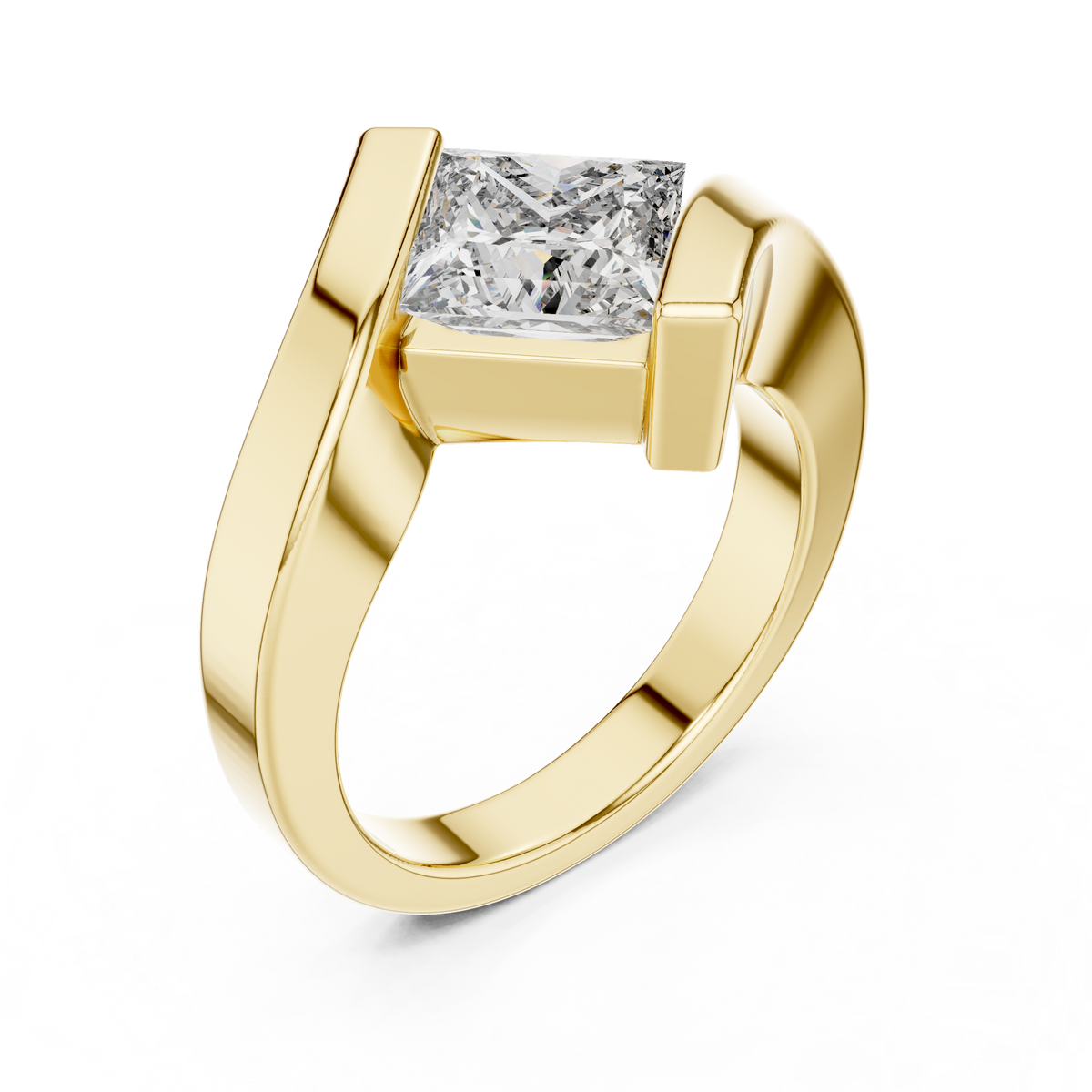 2 CT Princess Cut Lab Grown Diamond Modern Crossover Ring, Yellow Gold