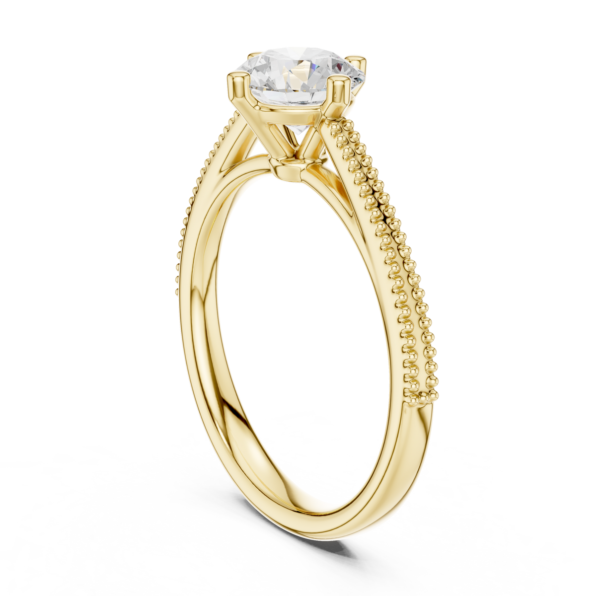 Beaded Band Solitaire Round Lab Grown Diamond Ring, Yellow Gold