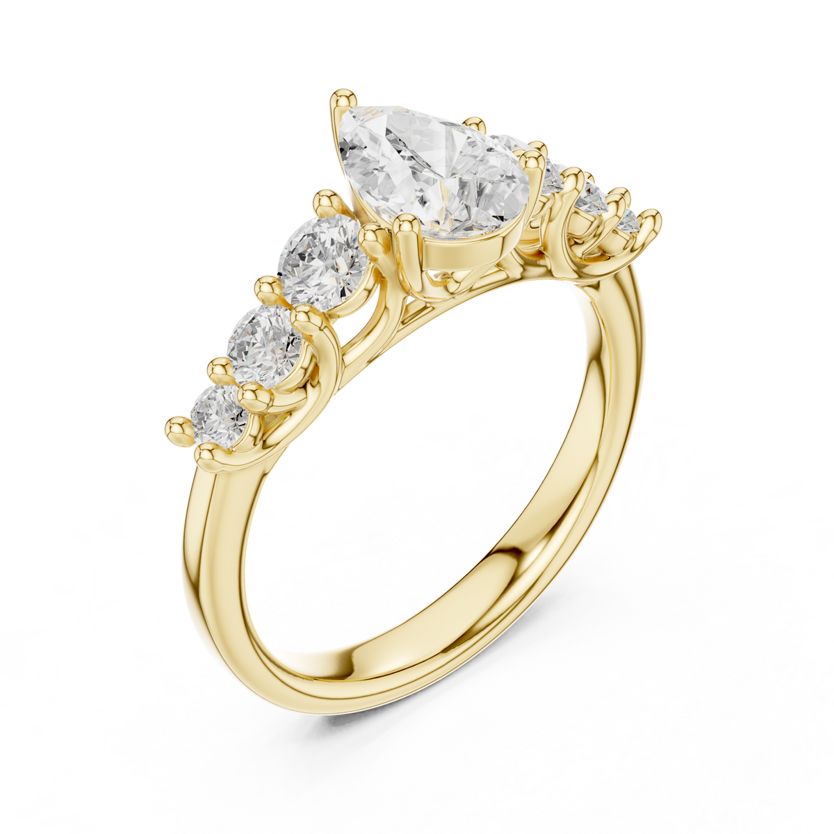 IGI Certified Pear Lab Grown Diamond With 6 Round Stones, Yellow Gold