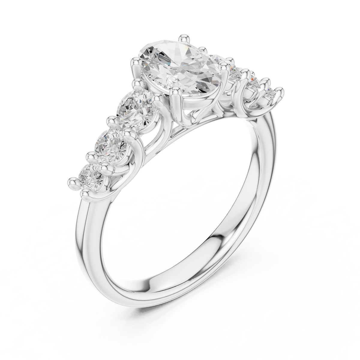 IGI Certified Oval Lab Grown Diamond With 6 Round Stones, White Gold