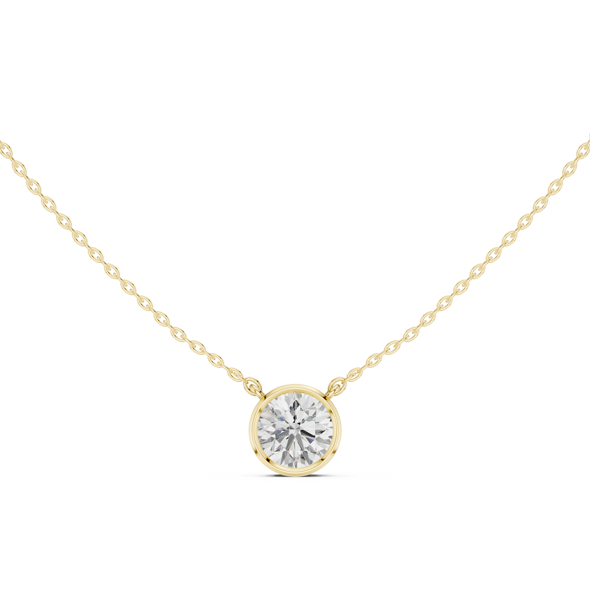 Round Brilliant Bezel Lab Grown Diamond Solitaire Pendant, Yellow Gold