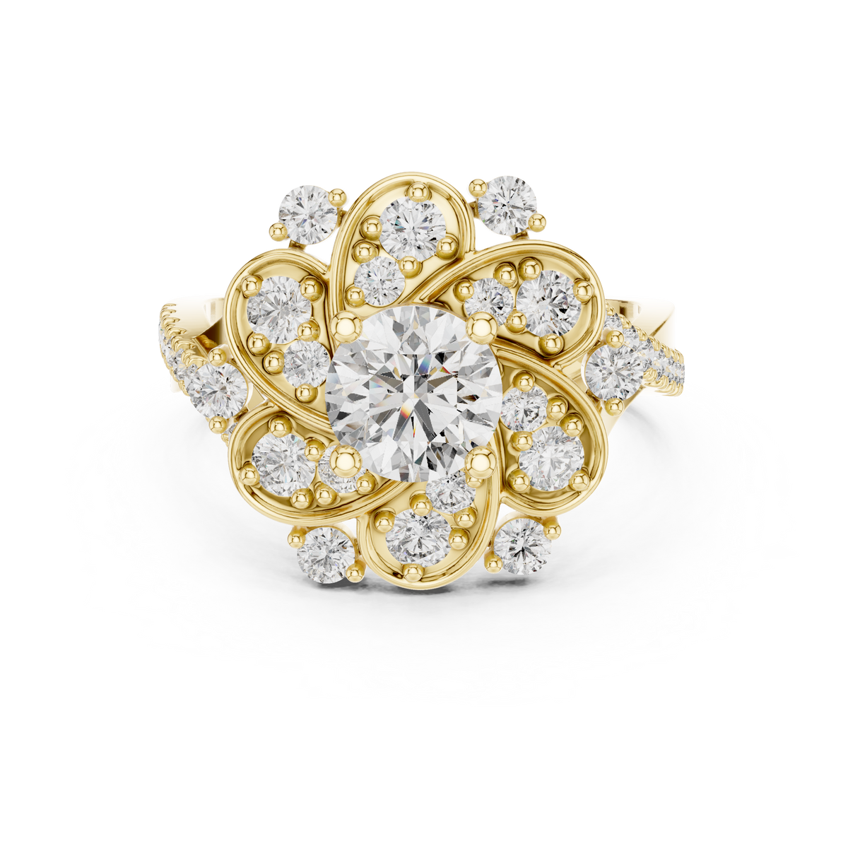 Lab Grown Diamond Floral Cluster Ring – 1.65 CT Round Cut, Yellow Gold