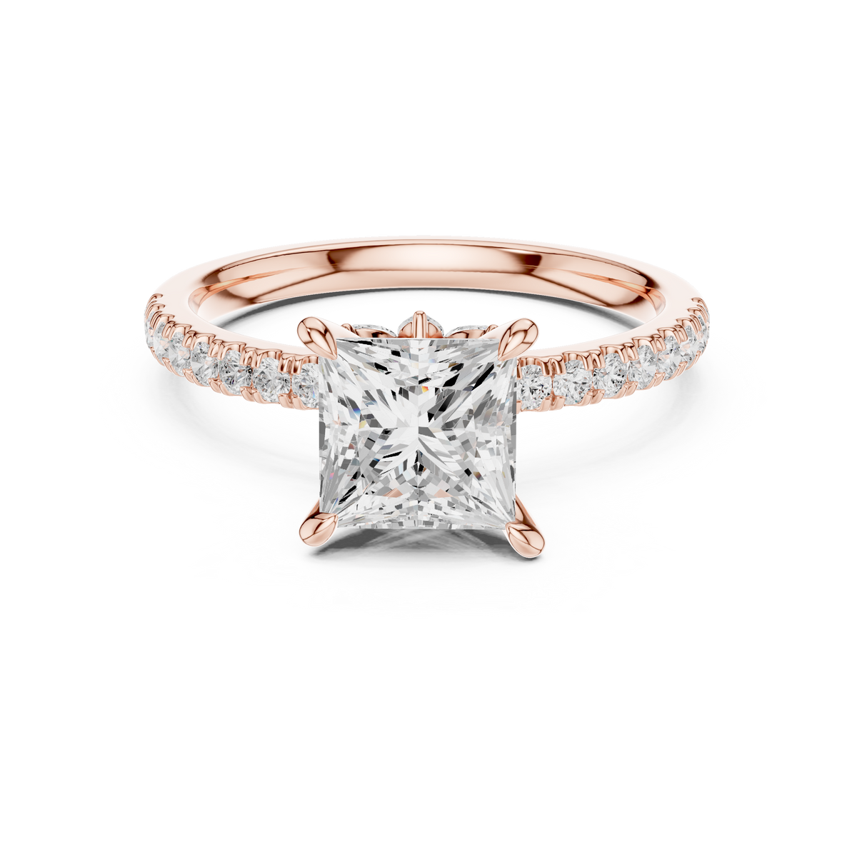 Princess Cut Lab-Grown Diamond Anniversary Ring with Hidden Halo and Pavé Band, Rose Gold