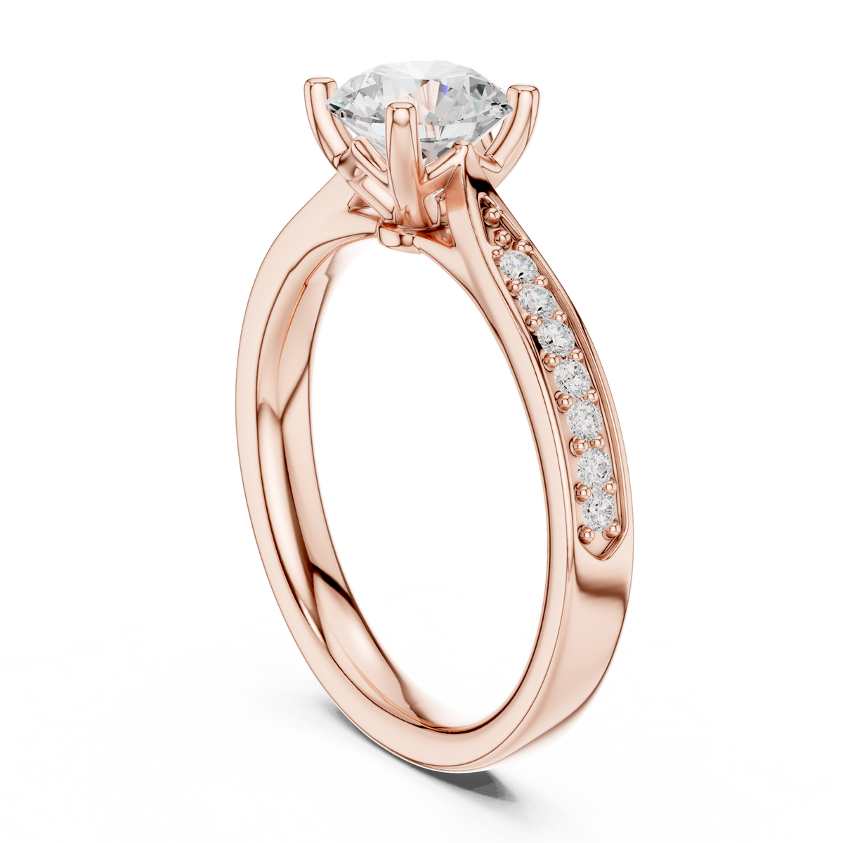 Solitaire Round Lab Grown Diamond Pavé Shoulder Ring, Rose Gold
