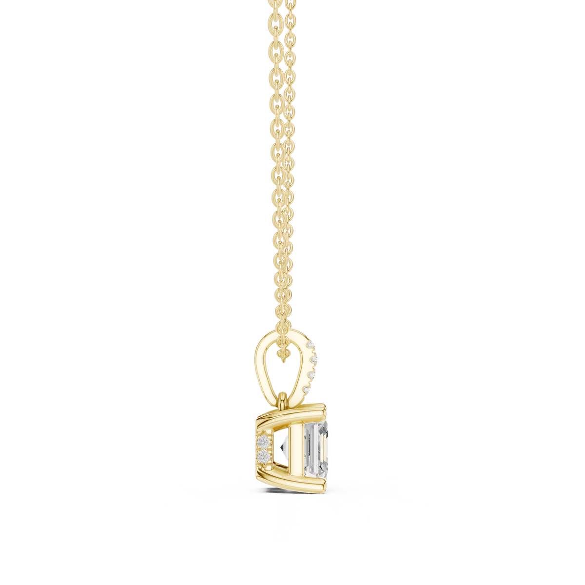 Asscher Cut Lab Grown Diamond Solitaire Pendant with Diamond Bail Necklace, Yellow Gold
